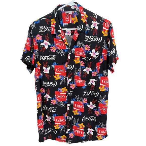 Coca-Cola Hawaiian Button-Up Shirt Black Floral Mens Small Short Sleeve Rayon - Picture 1 of 4